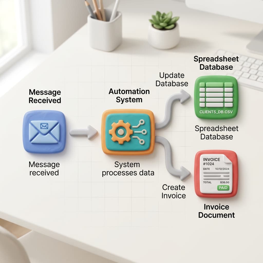 Workflow diagram mockup showing lead capture and auto-invoicing